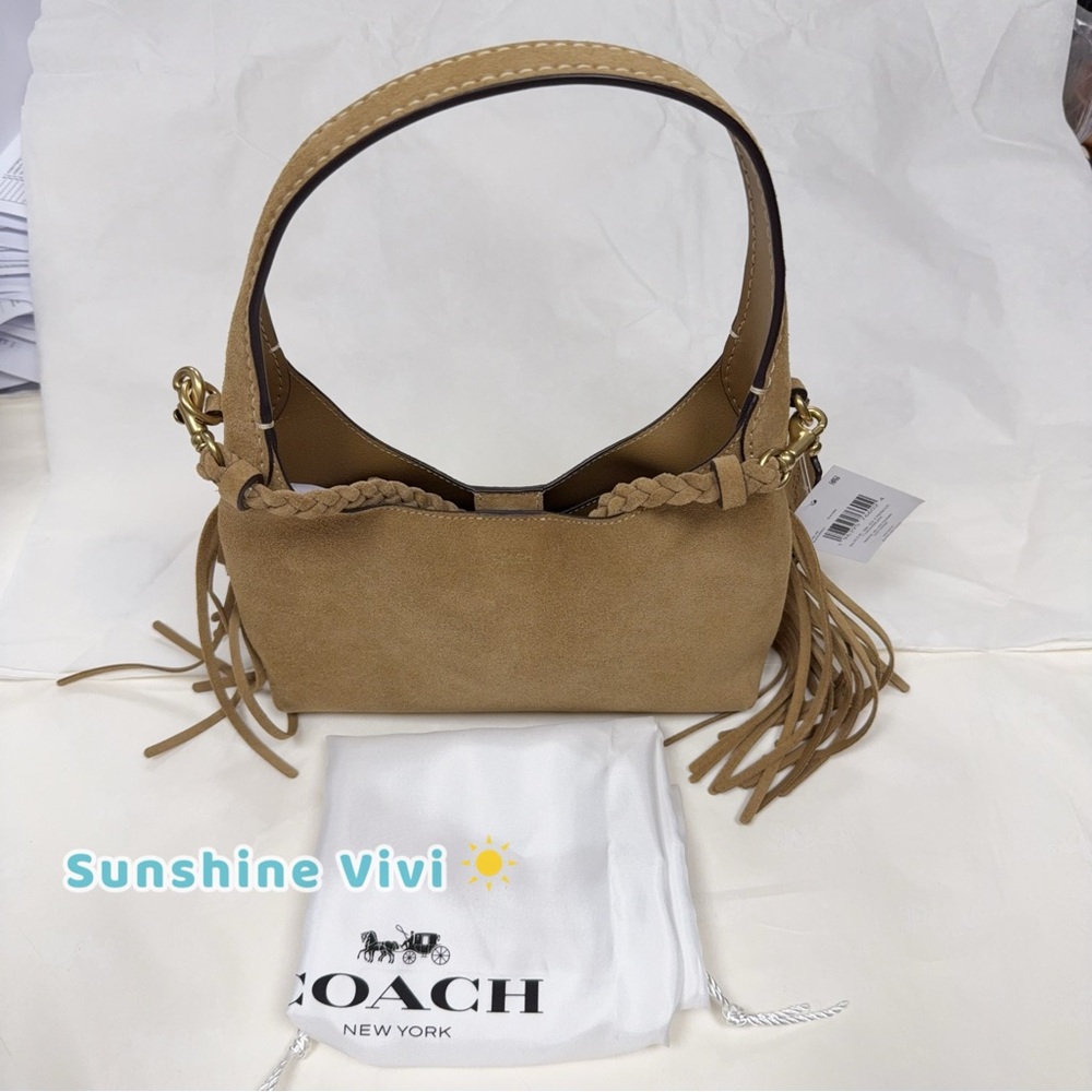 Coach Tan Suede Shoulder Bag with Braided Strap - Picture 12 of 14